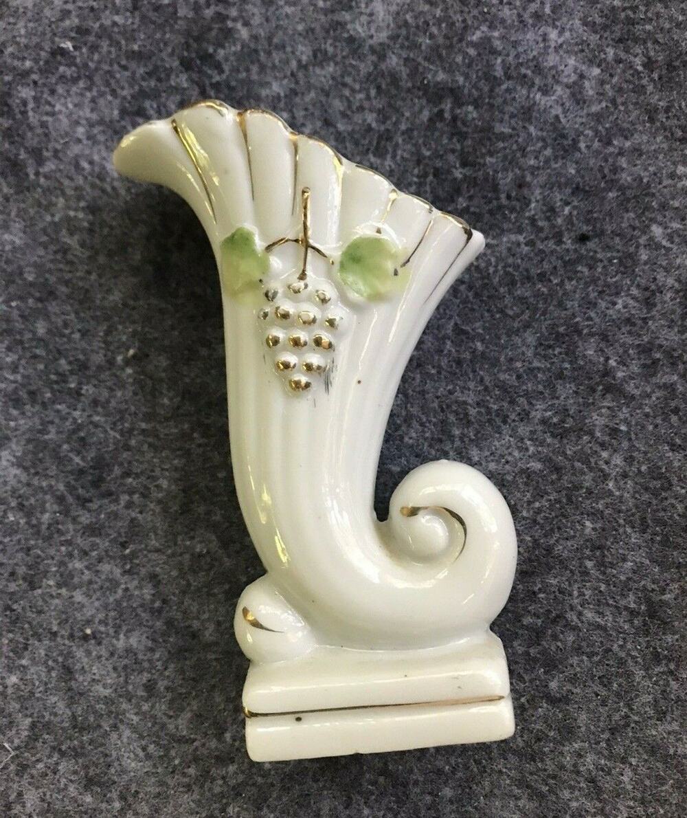 Vintage Cornucopia Trumpet Vase Small 4" White Gold Grapes Traditional Home